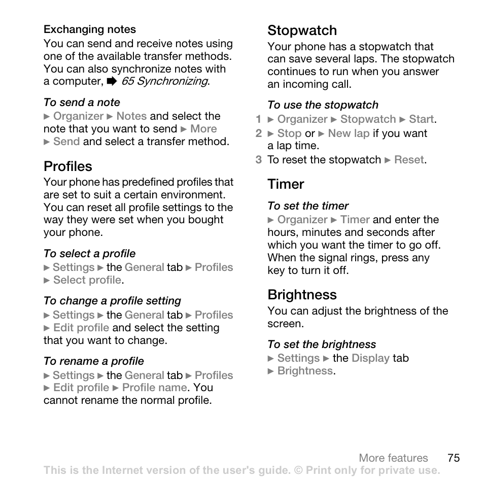 Profiles, Stopwatch, Timer | Brightness | Sony W700i User Manual | Page 75 / 102