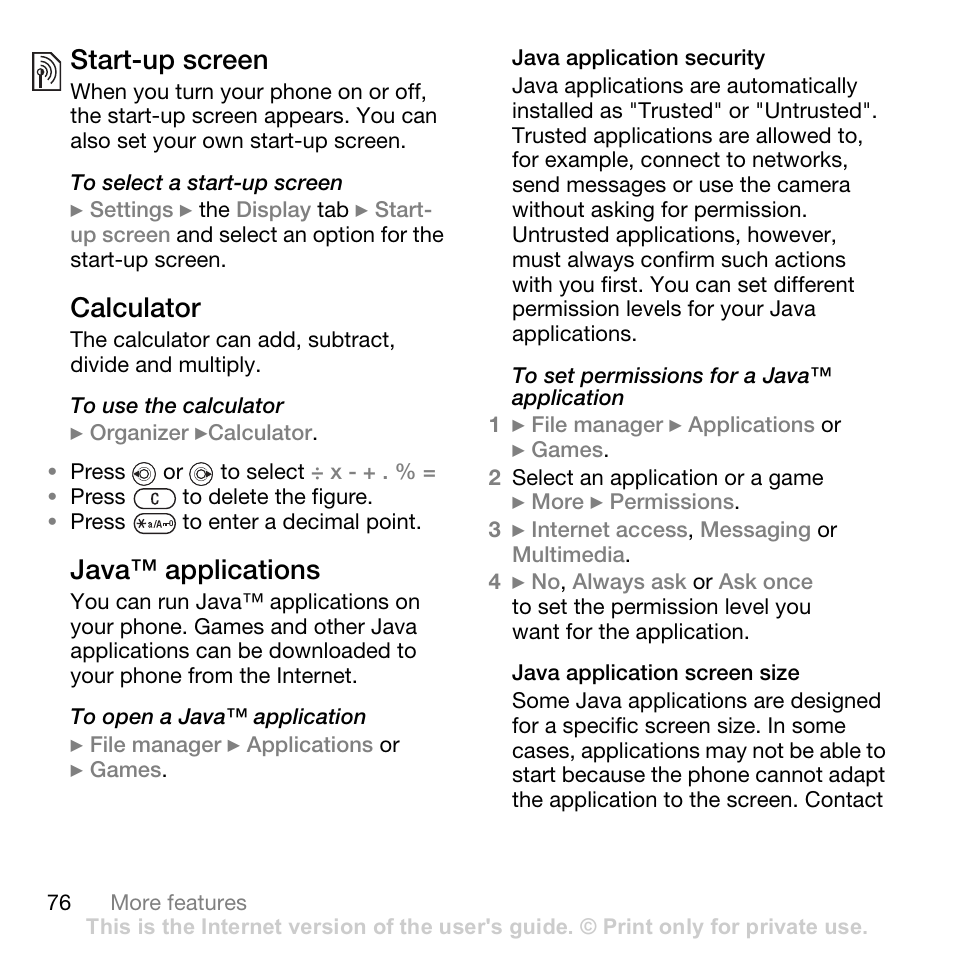 Start-up screen, Calculator, Java™ applications | Sony W700i User Manual | Page 76 / 102