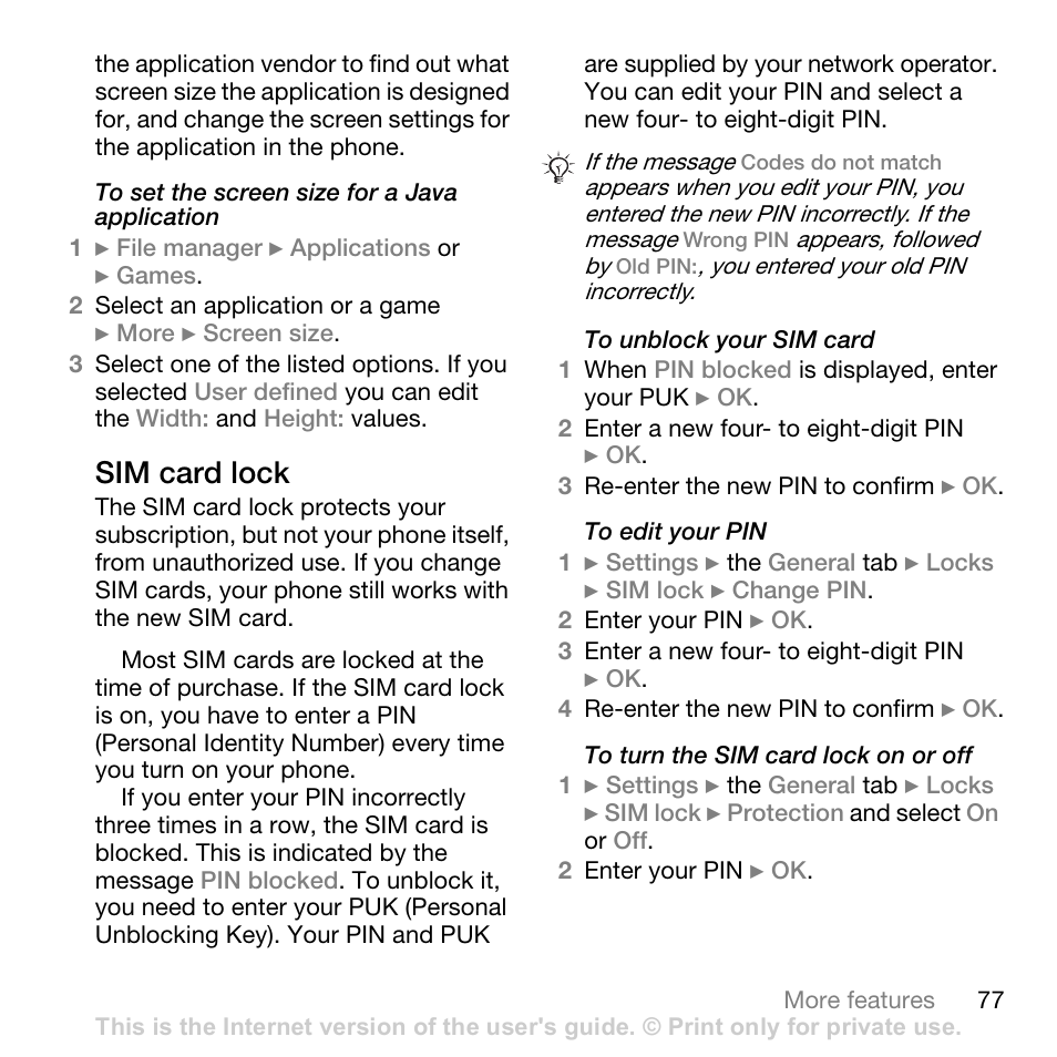 Personal unblocking key), 77 sim, Card lock | Sim card lock | Sony W700i User Manual | Page 77 / 102