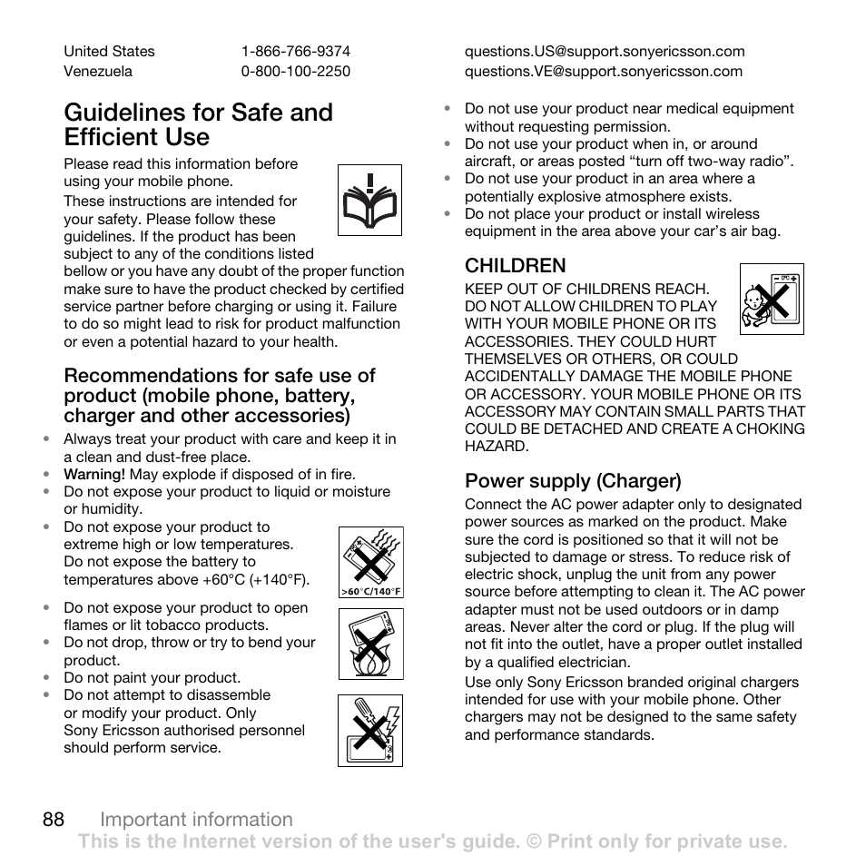 Ibited, 88 guidelines for safe and, Efficient use | Guidelines for safe and efficient use, 88 important information, Children, Power supply (charger) | Sony W700i User Manual | Page 88 / 102