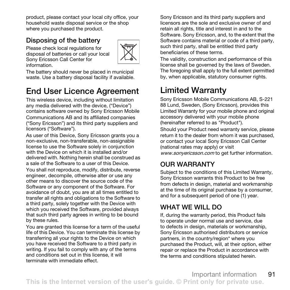 End user licence agreement, Limited warranty | Sony W700i User Manual | Page 91 / 102