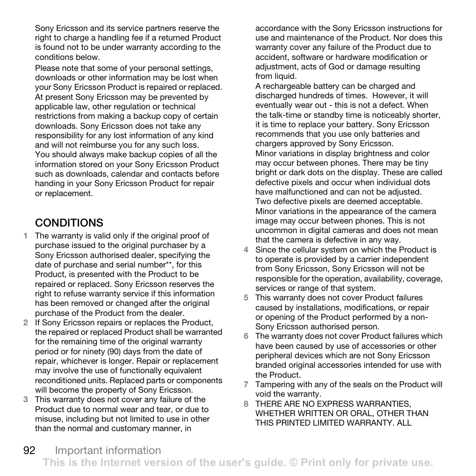 92 important information, Conditions | Sony W700i User Manual | Page 92 / 102