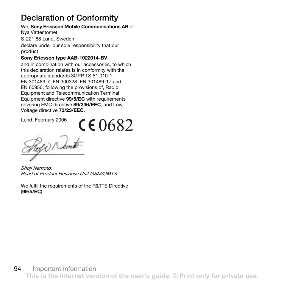 Declaration of conformity, 94 important information | Sony W700i User Manual | Page 94 / 102