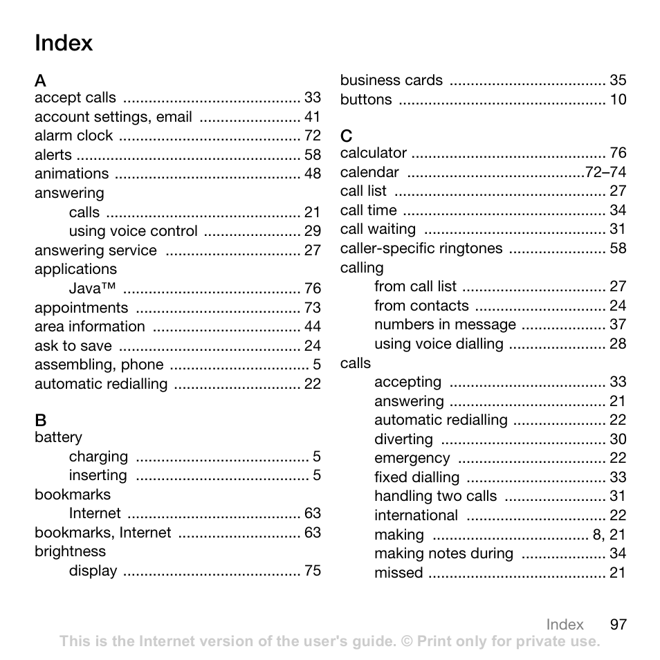Index | Sony W700i User Manual | Page 97 / 102