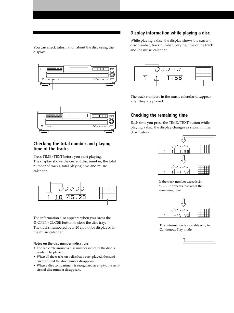 Using the display, Playing cds, Display information while playing a disc | Checking the remaining time | Sony CDP-C460Z User Manual | Page 10 / 28