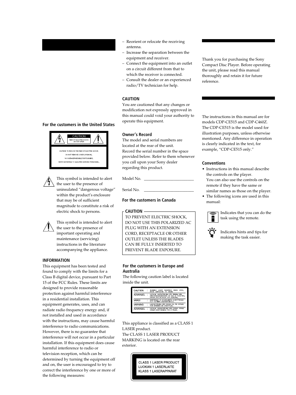 Welcome, About this manual, 2warning | Sony CDP-C460Z User Manual | Page 2 / 28