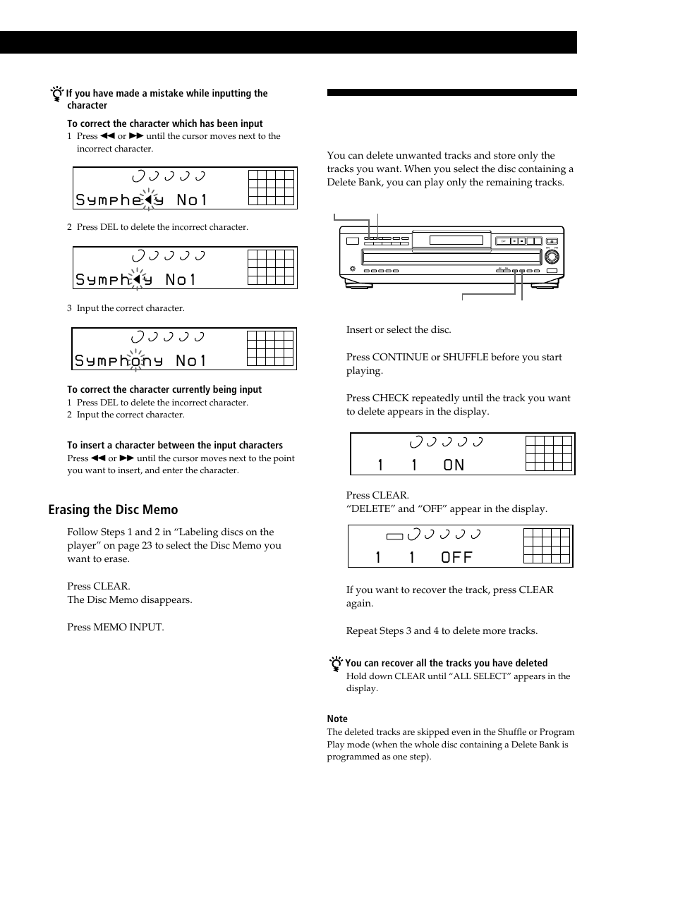 Storing specific tracks (delete bank), 1 1 o n, 1 1 o f f | Locating a scene or track you want | Sony CDP-C460Z User Manual | Page 25 / 28