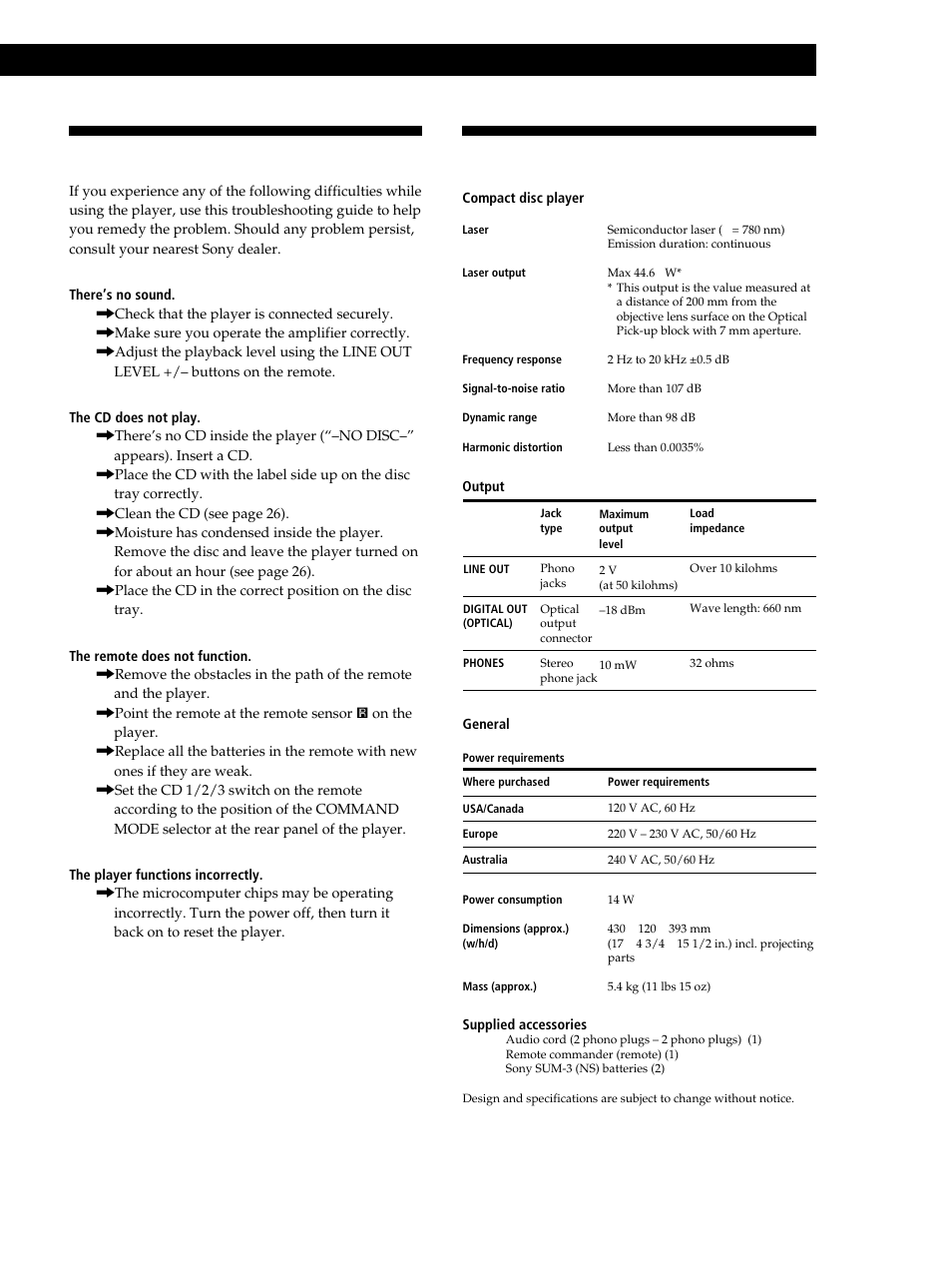 Specifications, Troubleshooting, Additional information | Sony CDP-C460Z User Manual | Page 27 / 28