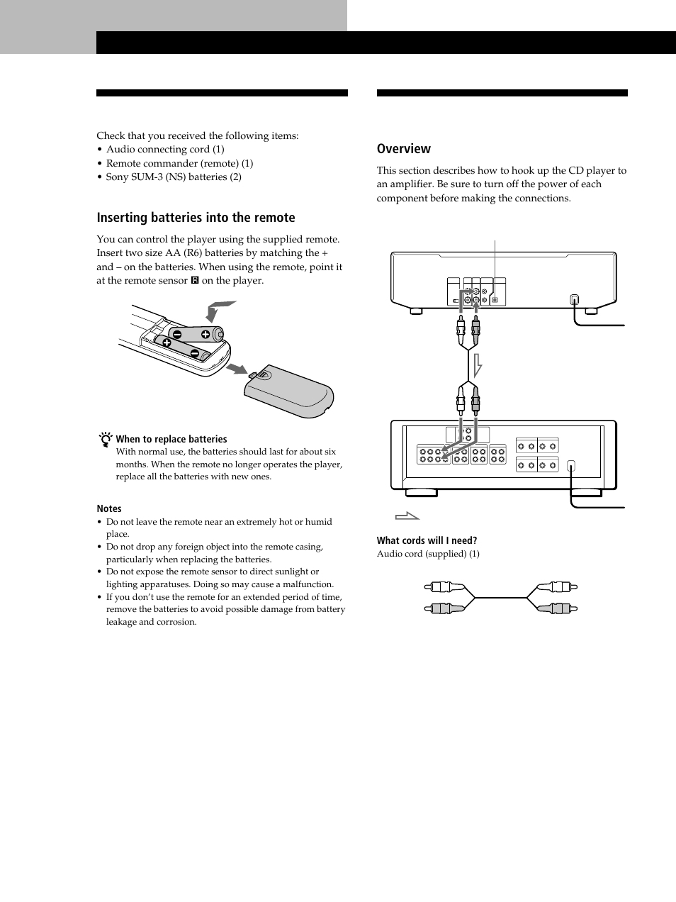Unpacking, Hooking up the system, Getting started | Inserting batteries into the remote, Overview | Sony CDP-C460Z User Manual | Page 4 / 28