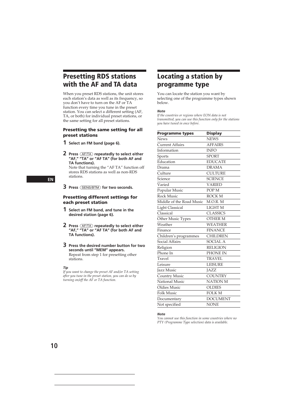 Presetting rds stations with the af and ta data, Locating a station by programme type | Sony CDX-4160RDS User Manual | Page 10 / 74