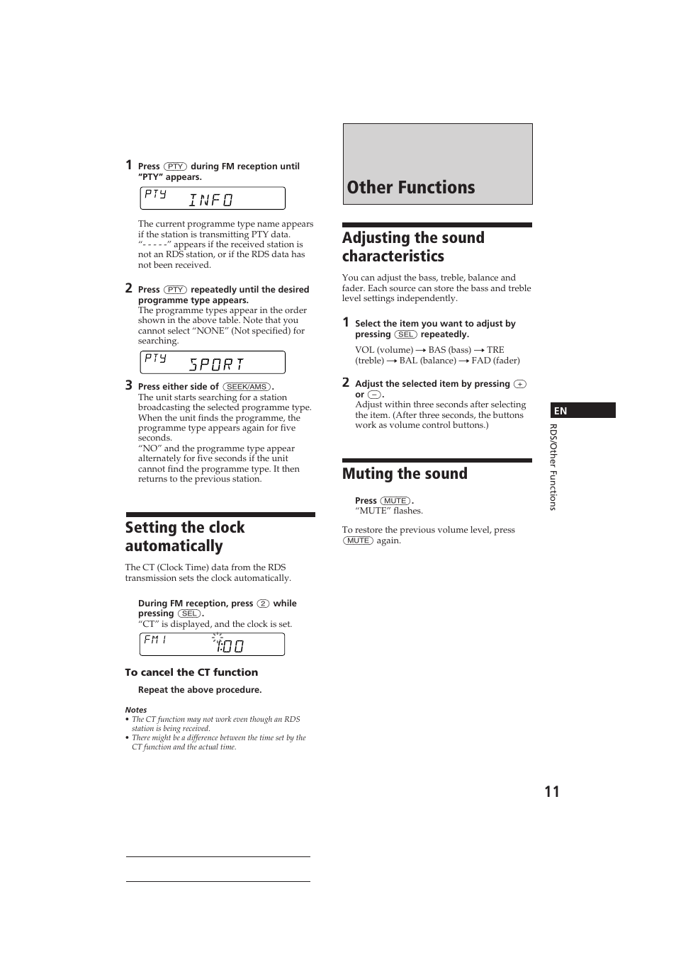 Other functions, Setting the clock automatically, Adjusting the sound characteristics | Muting the sound, Info 100 | Sony CDX-4160RDS User Manual | Page 11 / 74