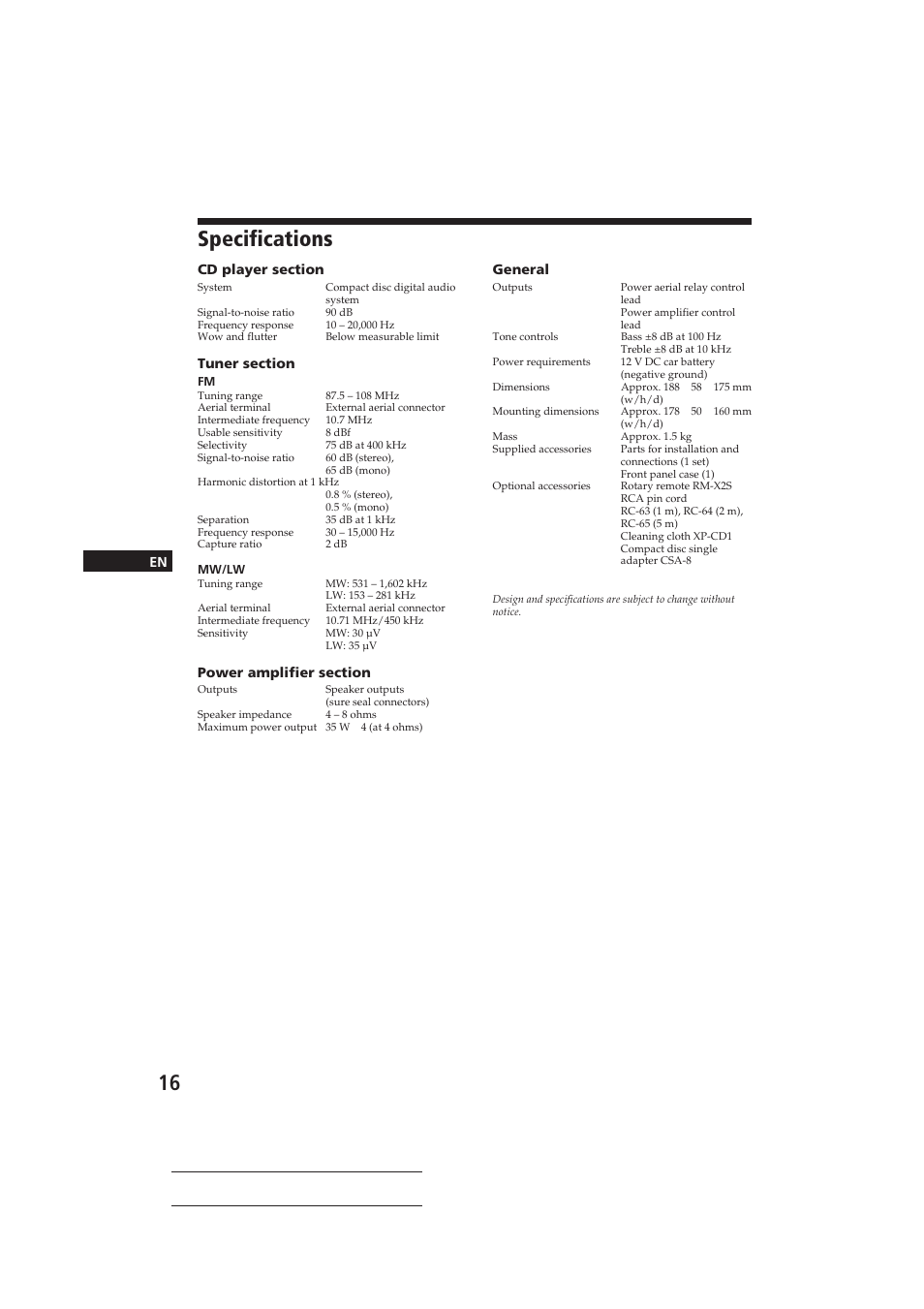 Specifications | Sony CDX-4160RDS User Manual | Page 16 / 74