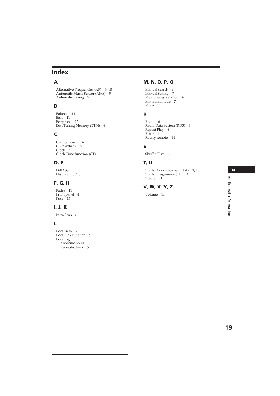 Index | Sony CDX-4160RDS User Manual | Page 19 / 74