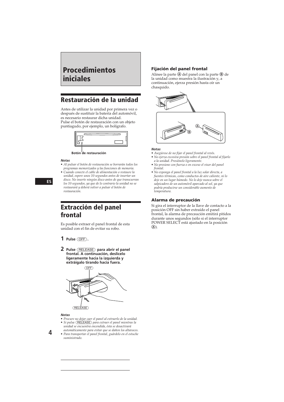 Procedimientos iniciales, Restauración de la unidad, Extracción del panel frontal | Sony CDX-4160RDS User Manual | Page 22 / 74