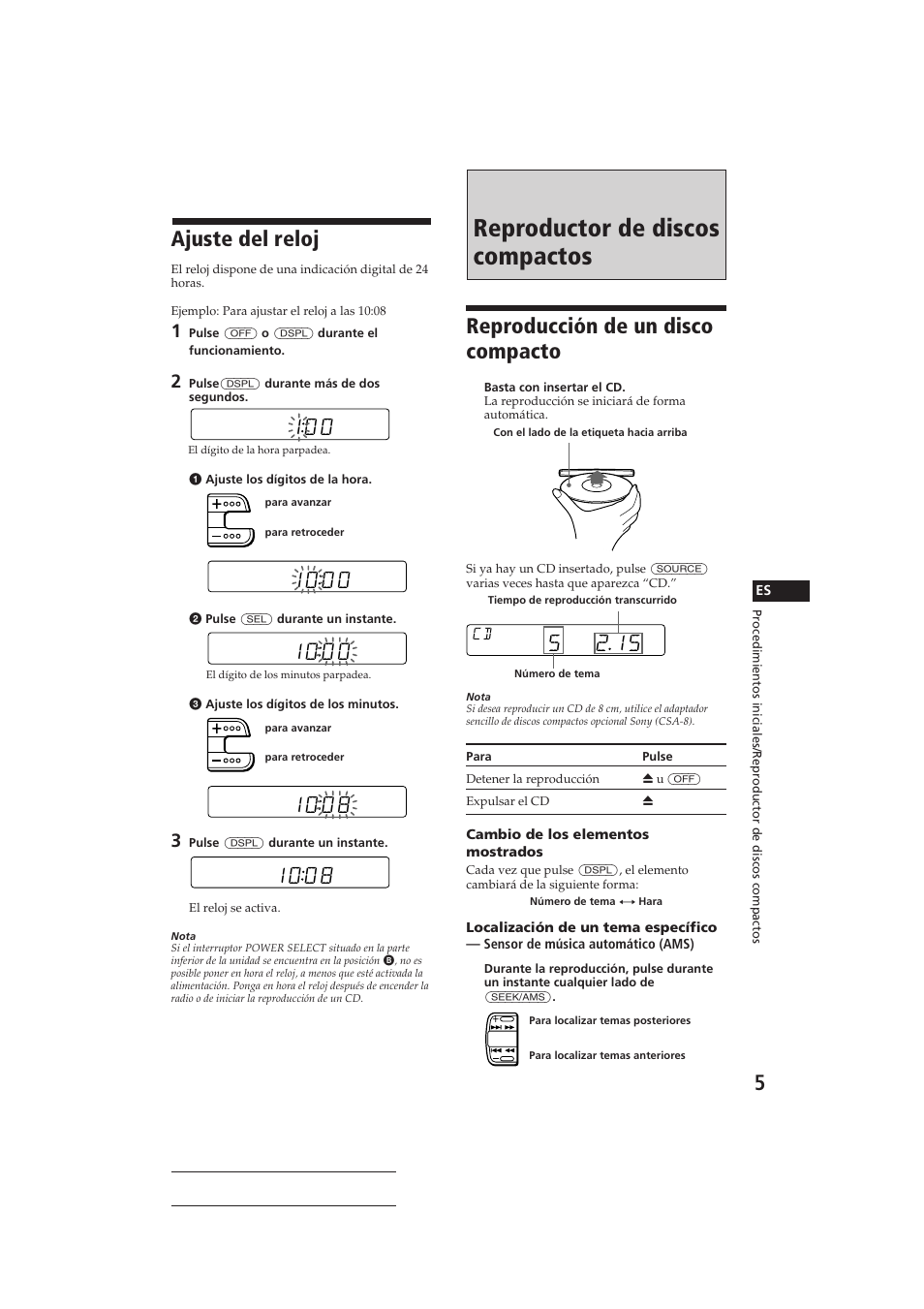 Reproductor de discos compactos, Reproducción de un disco compacto, Ajuste del reloj | Sony CDX-4160RDS User Manual | Page 23 / 74