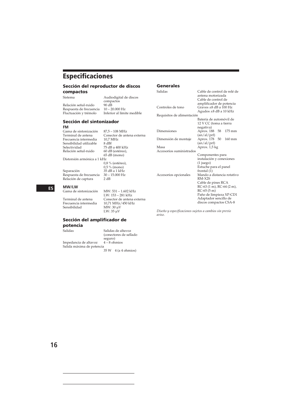 Especificaciones | Sony CDX-4160RDS User Manual | Page 34 / 74