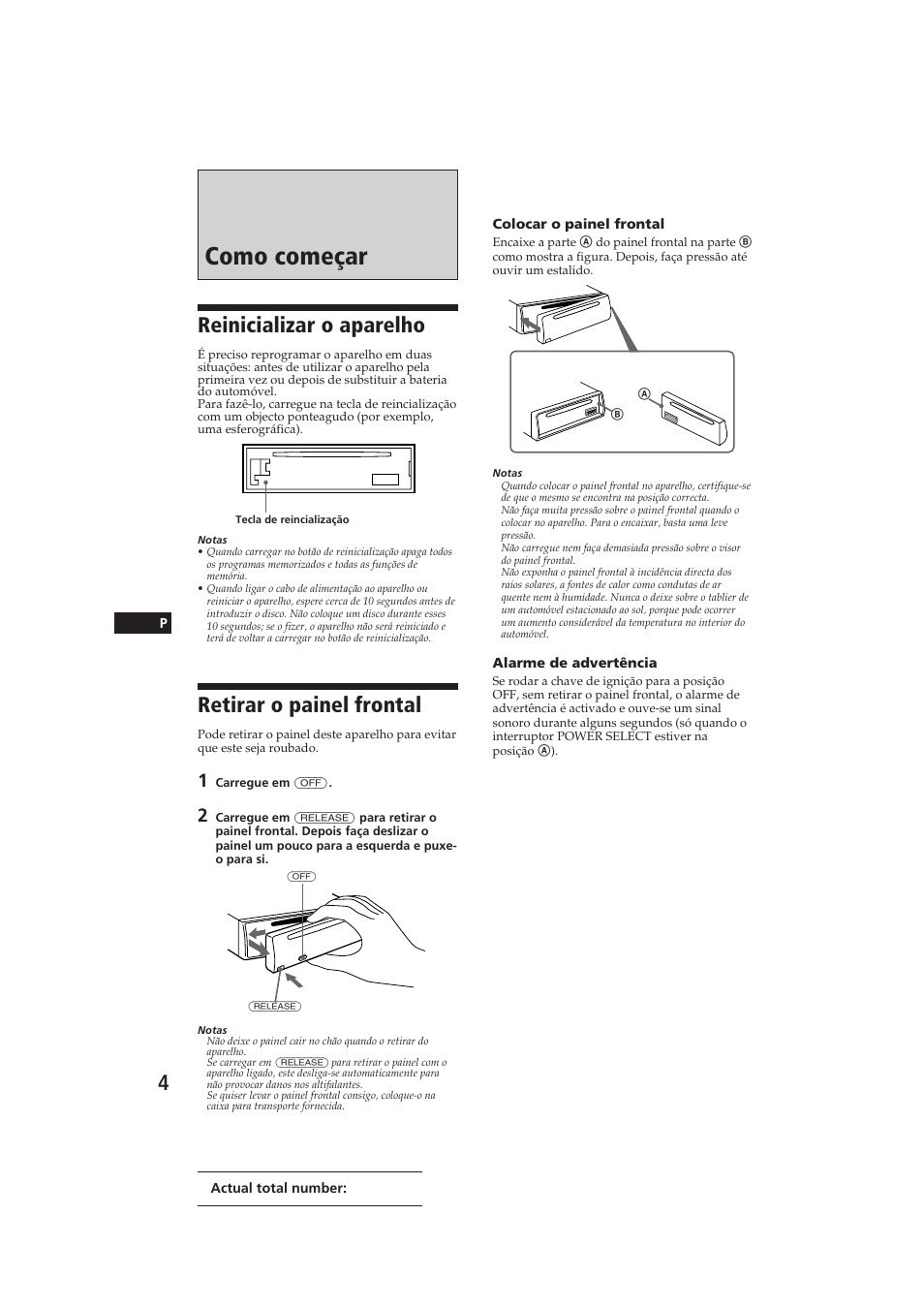 Como começar, Reinicializar o aparelho, Retirar o painel frontal | Sony CDX-4160RDS User Manual | Page 40 / 74