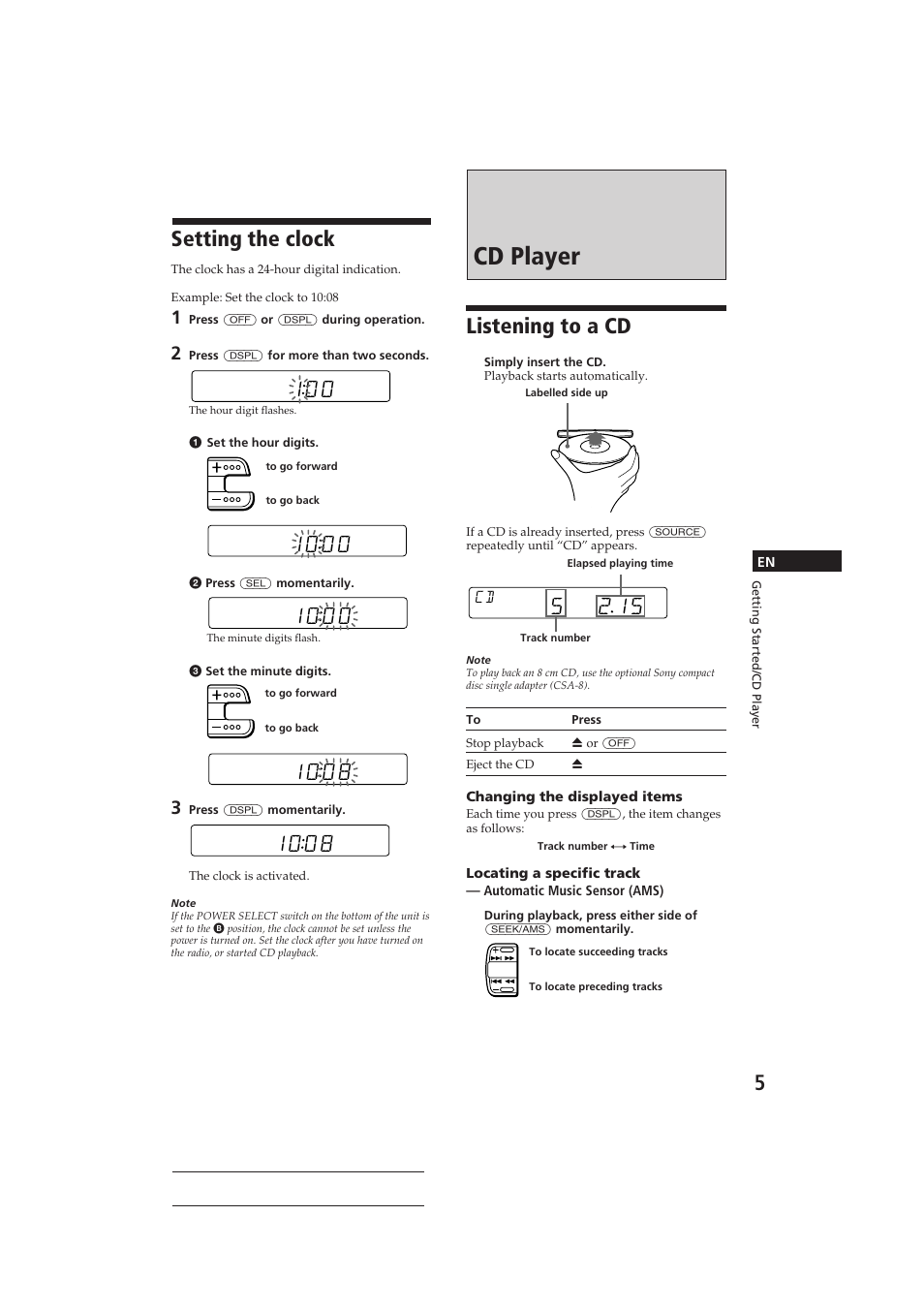 Cd player, Listening to a cd, Setting the clock | Sony CDX-4160RDS User Manual | Page 5 / 74