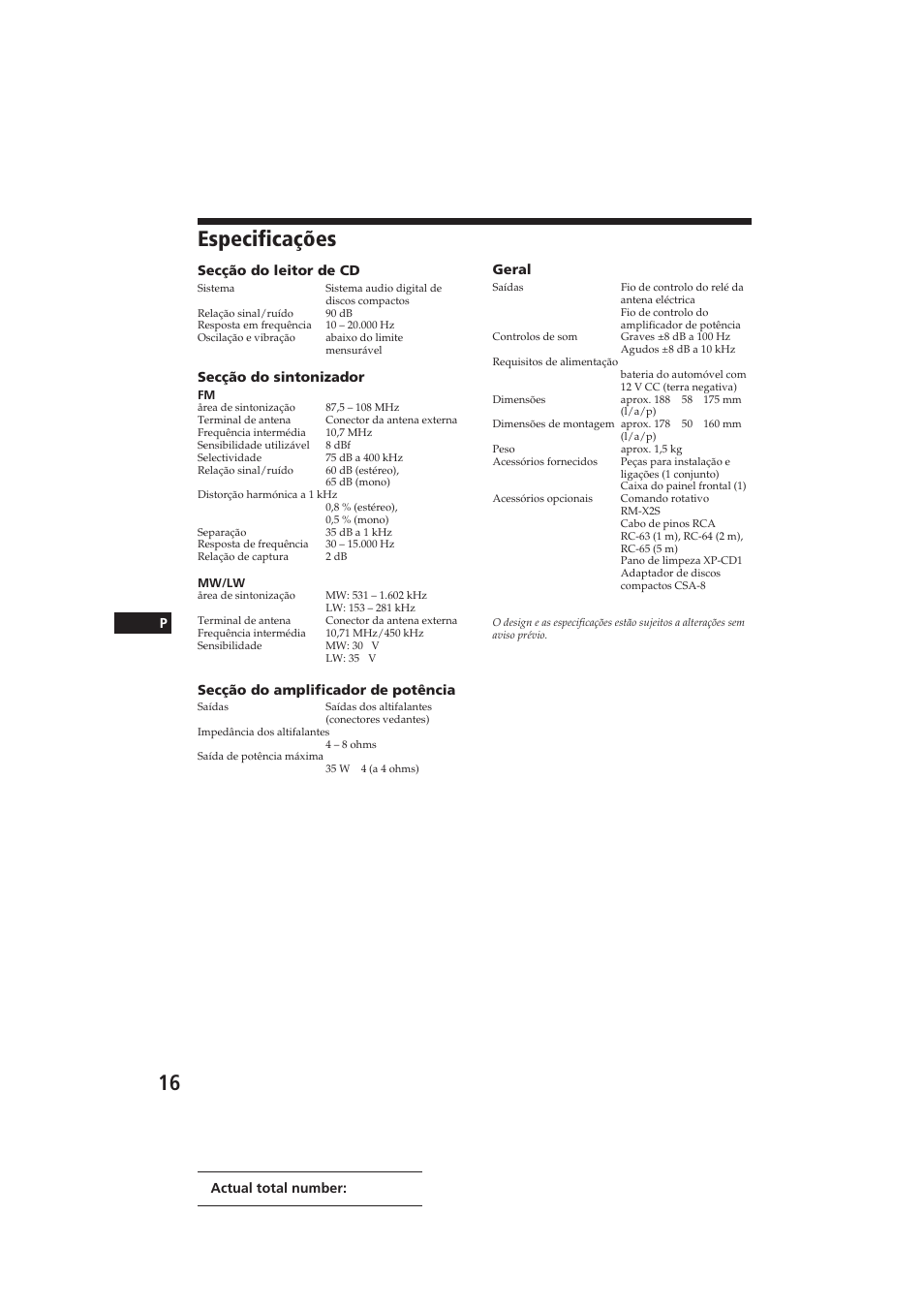 Especificações | Sony CDX-4160RDS User Manual | Page 52 / 74