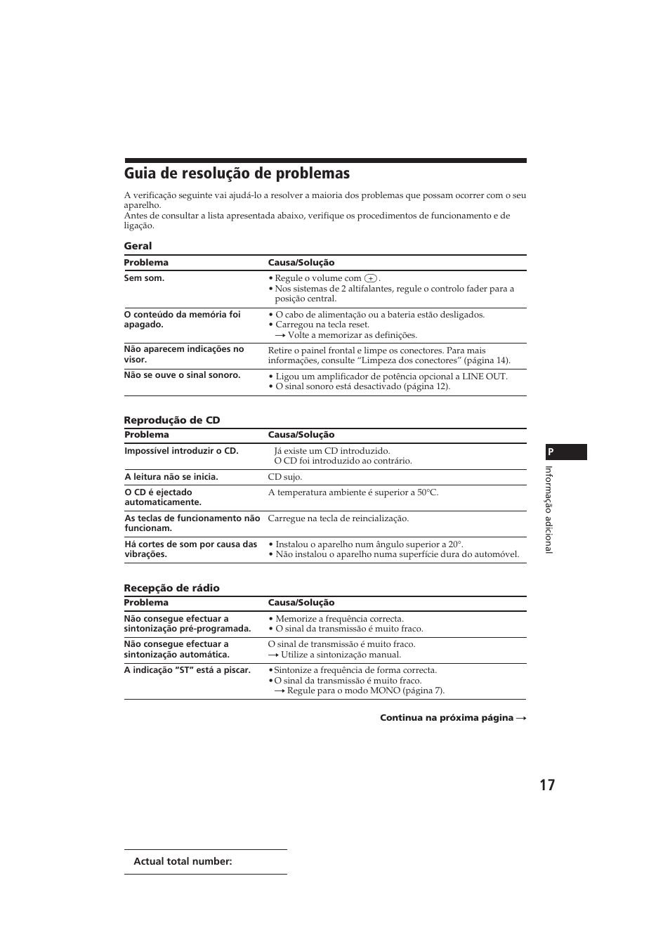 Guia de resolução de problemas | Sony CDX-4160RDS User Manual | Page 53 / 74