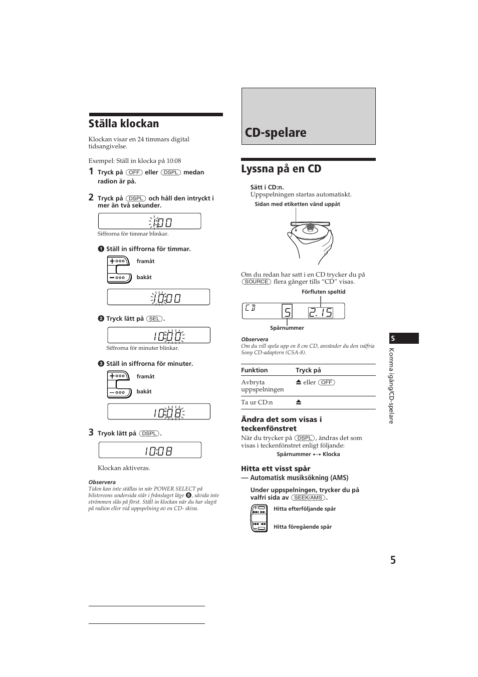 Cd-spelare, Lyssna på en cd, Ställa klockan | Sony CDX-4160RDS User Manual | Page 59 / 74