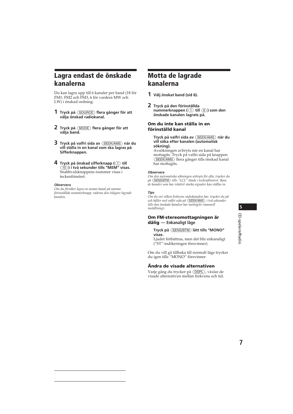 Lagra endast de önskade kanalerna, Motta de lagrade kanalerna | Sony CDX-4160RDS User Manual | Page 61 / 74