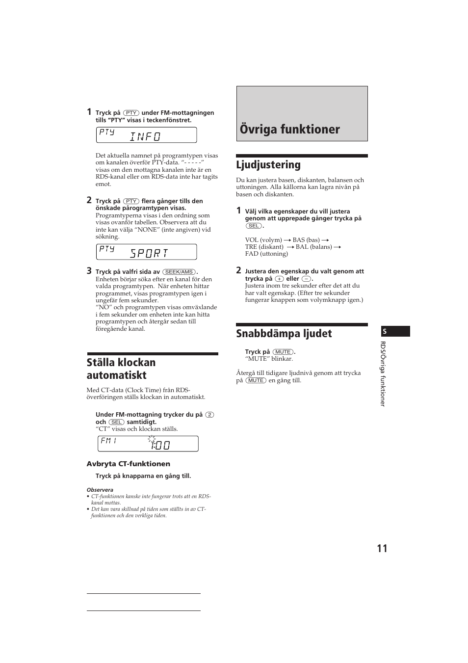 Övriga funktioner, Ställa klockan automatiskt, Ljudjustering | Snabbdämpa ljudet, Info 100 | Sony CDX-4160RDS User Manual | Page 65 / 74