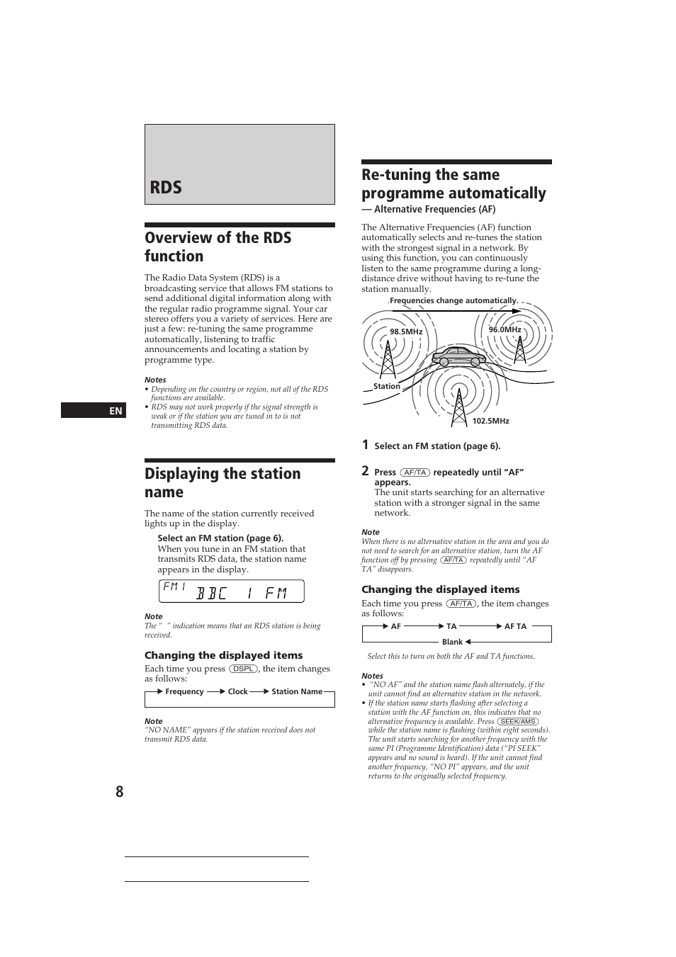 Re-tuning the same programme automatically, Overview of the rds function, Displaying the station name | Bbc 1 fm | Sony CDX-4160RDS User Manual | Page 8 / 74