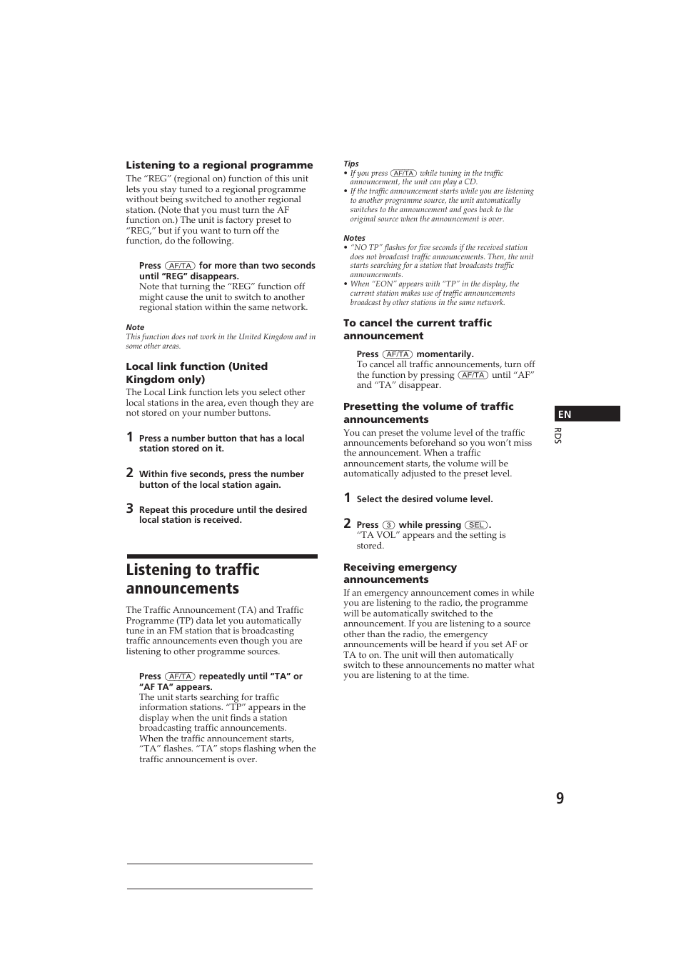 Listening to traffic announcements | Sony CDX-4160RDS User Manual | Page 9 / 74