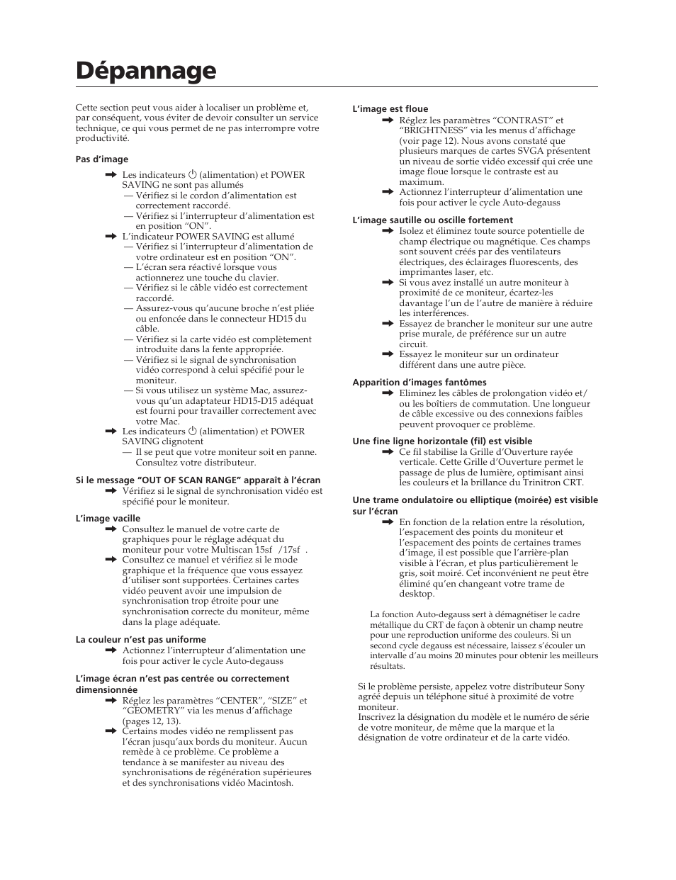 Dépannage | Sony CPD-17SF2T User Manual | Page 16 / 38