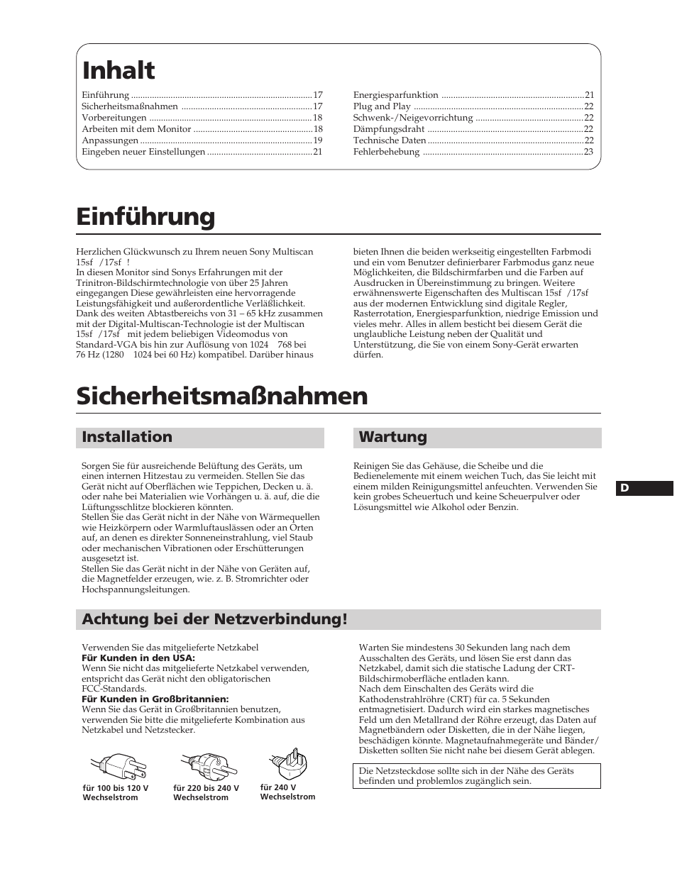 Inhalt einführung, Sicherheitsmaßnahmen, Installation | Wartung, Achtung bei der netzverbindung | Sony CPD-17SF2T User Manual | Page 17 / 38