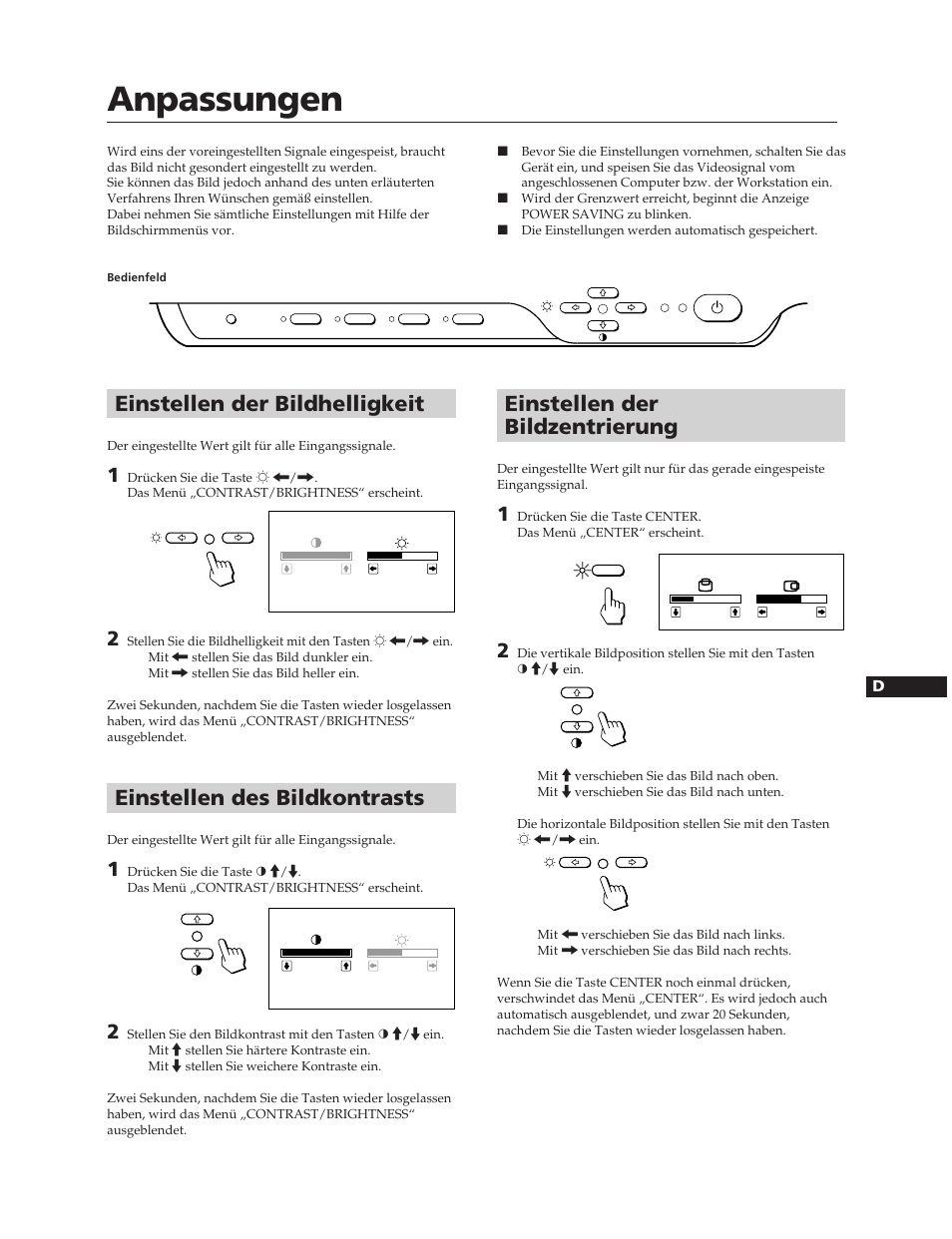 Anpassungen, Einstellen der bildhelligkeit, Einstellen der bildzentrierung | Einstellen des bildkontrasts | Sony CPD-17SF2T User Manual | Page 19 / 38