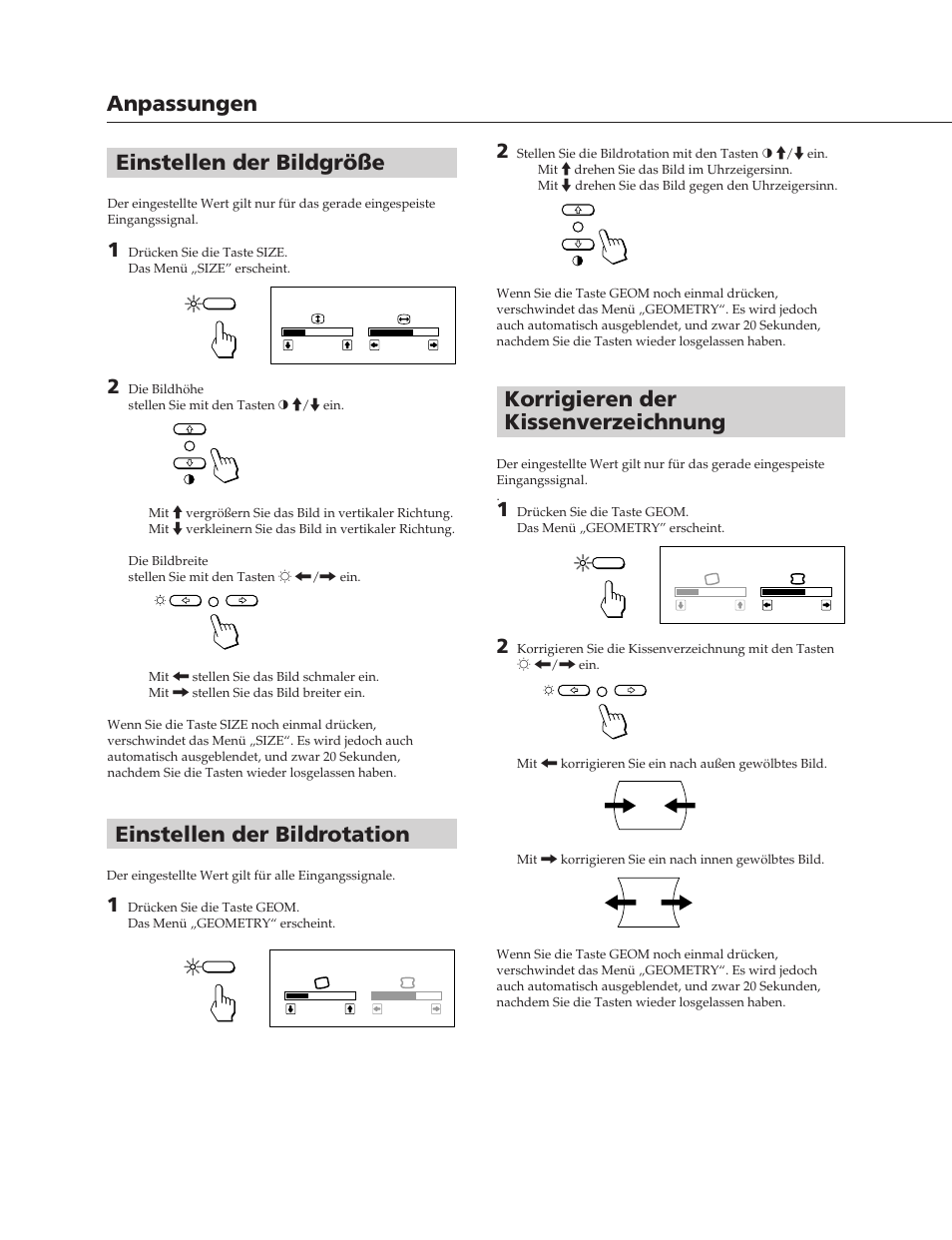 Einstellen der bildgröße, Anpassungen, Korrigieren der kissenverzeichnung | Einstellen der bildrotation | Sony CPD-17SF2T User Manual | Page 20 / 38