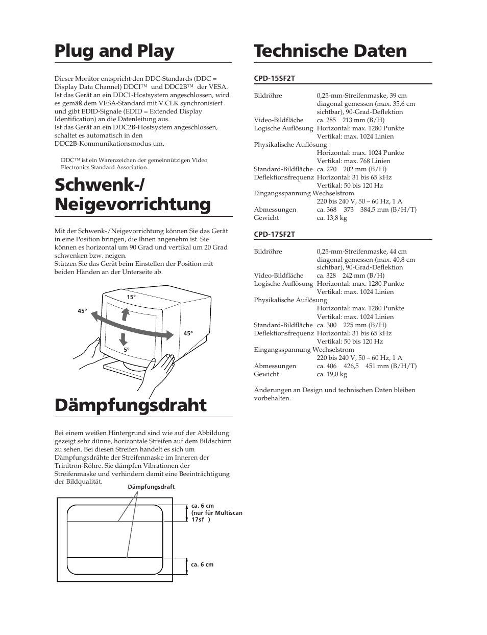 Technische daten, Plug and play, Schwenk-/ neigevorrichtung | Dämpfungsdraht | Sony CPD-17SF2T User Manual | Page 22 / 38