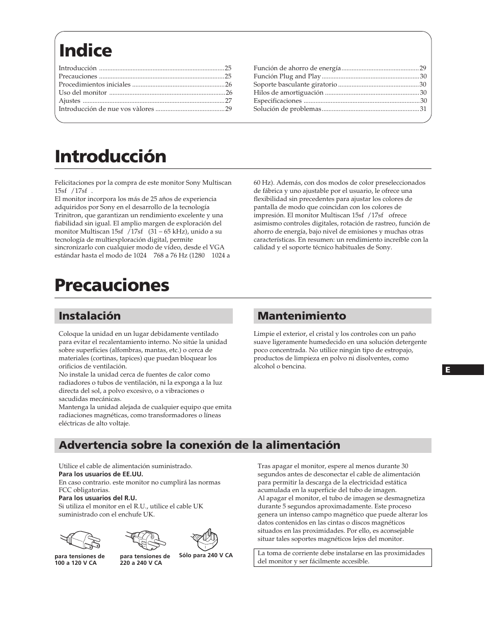 Indice, Introducción, Precauciones | Instalación, Mantenimiento, Advertencia sobre la conexión de la alimentación | Sony CPD-17SF2T User Manual | Page 24 / 38