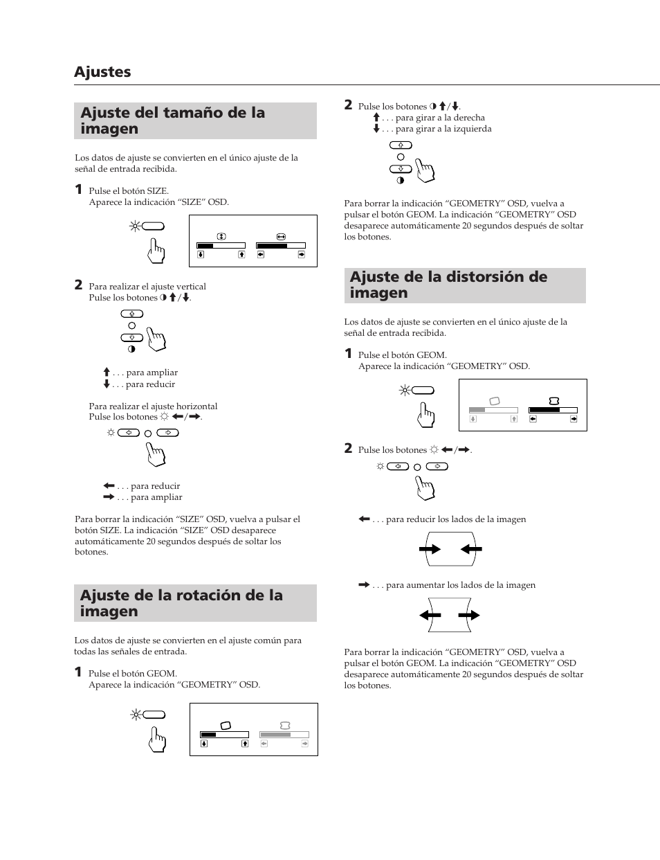 Ajuste del tamaño de la imagen, Ajustes, Ajuste de la distorsión de imagen | Ajuste de la rotación de la imagen | Sony CPD-17SF2T User Manual | Page 27 / 38