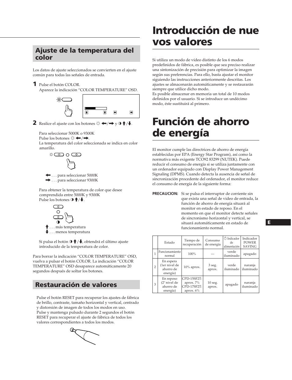 Introducción de nue vos valores, Función de ahorro de energía, Ajuste de la temperatura del color | Restauración de valores | Sony CPD-17SF2T User Manual | Page 28 / 38