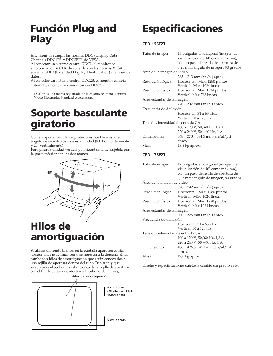 Especificaciones función plug and play, Soporte basculante giratorio, Hilos de amortiguación | Sony CPD-17SF2T User Manual | Page 29 / 38
