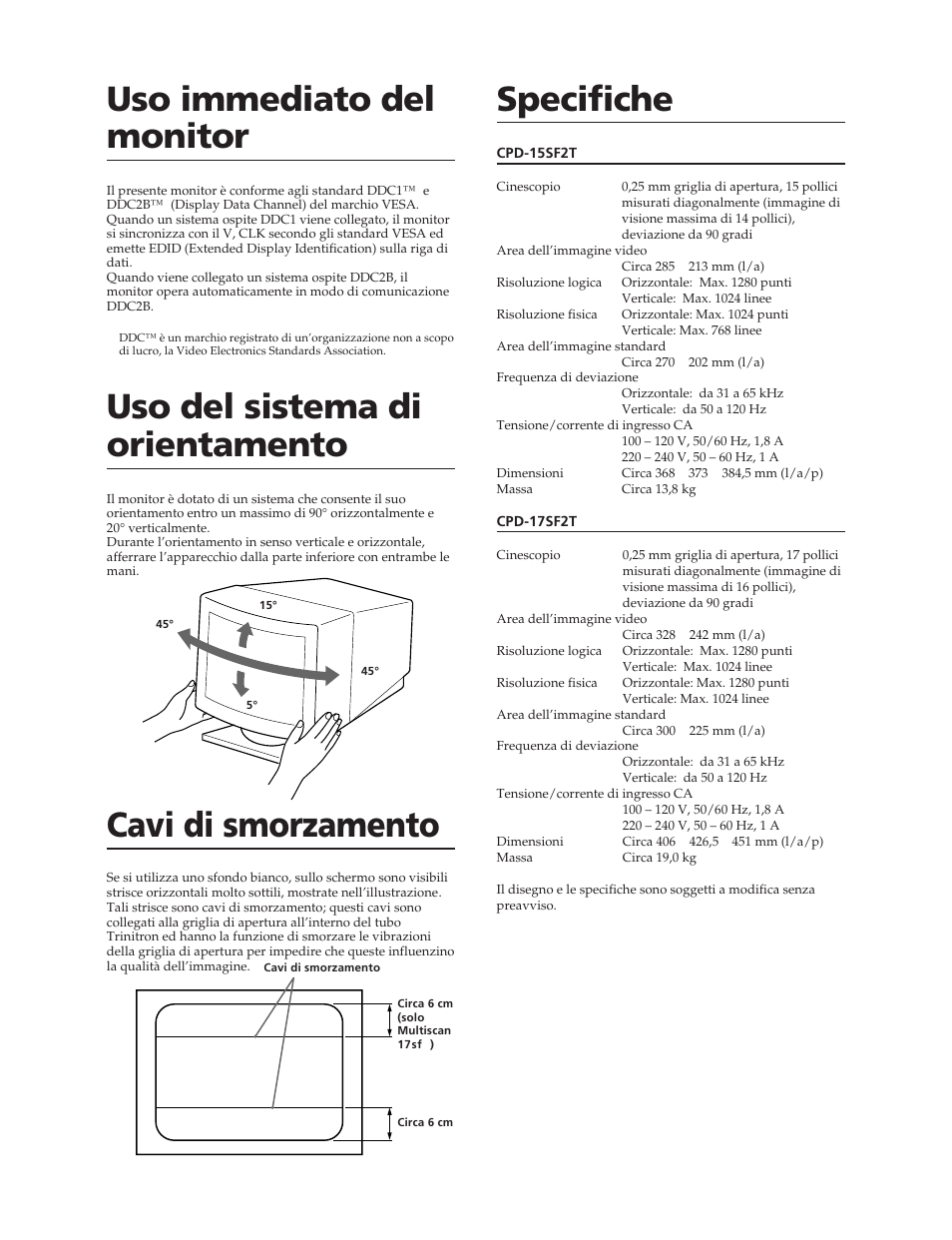 Specifiche uso immediato del monitor, Uso del sistema di orientamento, Cavi di smorzamento | Sony CPD-17SF2T User Manual | Page 36 / 38