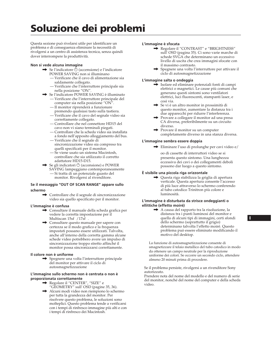 Soluzione dei problemi | Sony CPD-17SF2T User Manual | Page 37 / 38