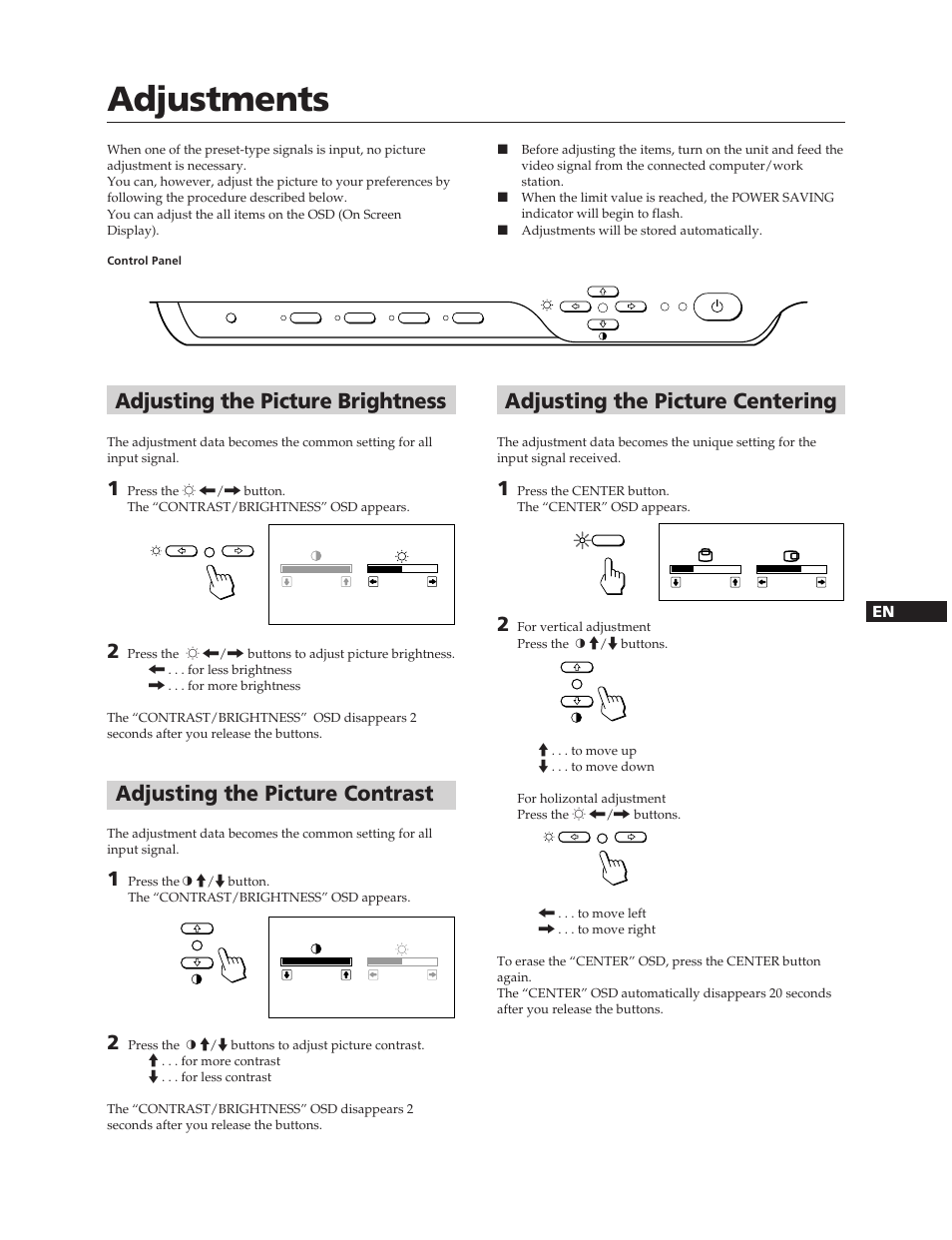 Adjustments, Adjusting the picture centering, Adjusting the picture brightness | Adjusting the picture contrast | Sony CPD-17SF2T User Manual | Page 5 / 38