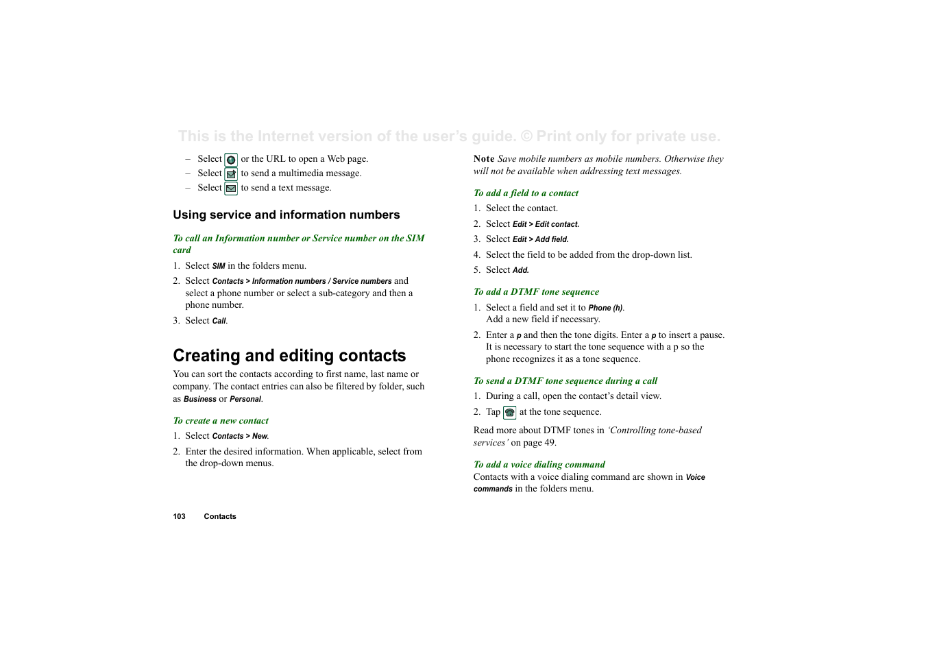 Using service and information numbers, Creating and editing contacts, Creating and editing contacts’ on | Sony P910a User Manual | Page 103 / 205