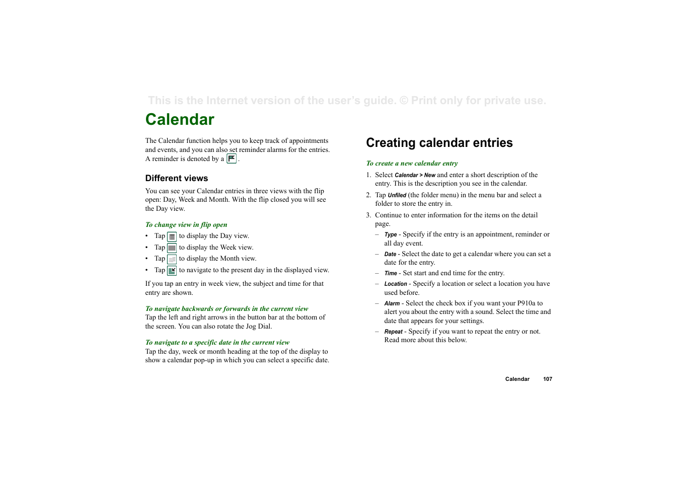 Calendar, Different views, Creating calendar entries | Sony P910a User Manual | Page 107 / 205