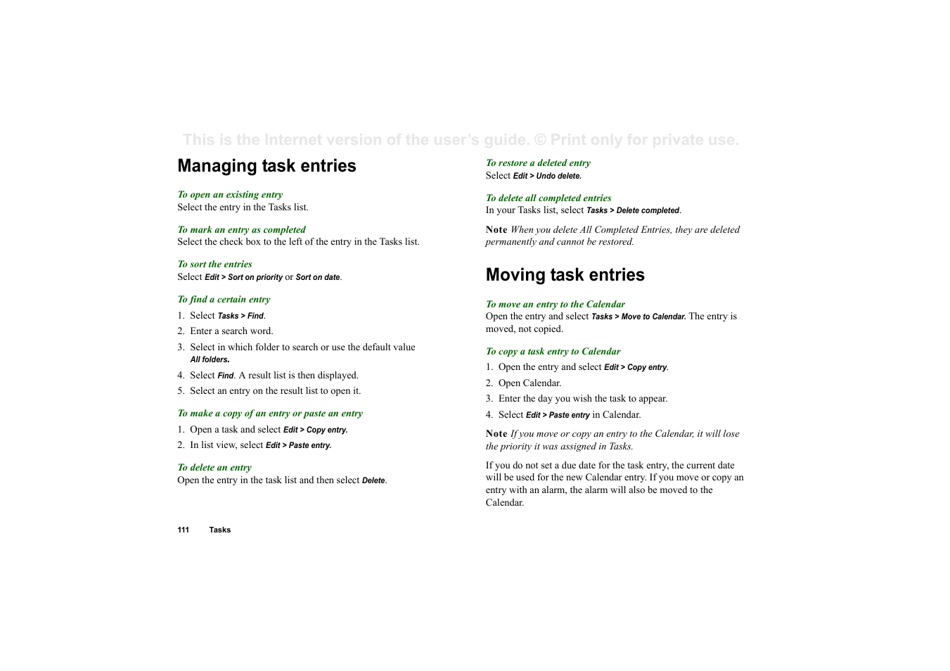 Managing task entries, Moving task entries, Managing task entries moving task entries | Sony P910a User Manual | Page 111 / 205