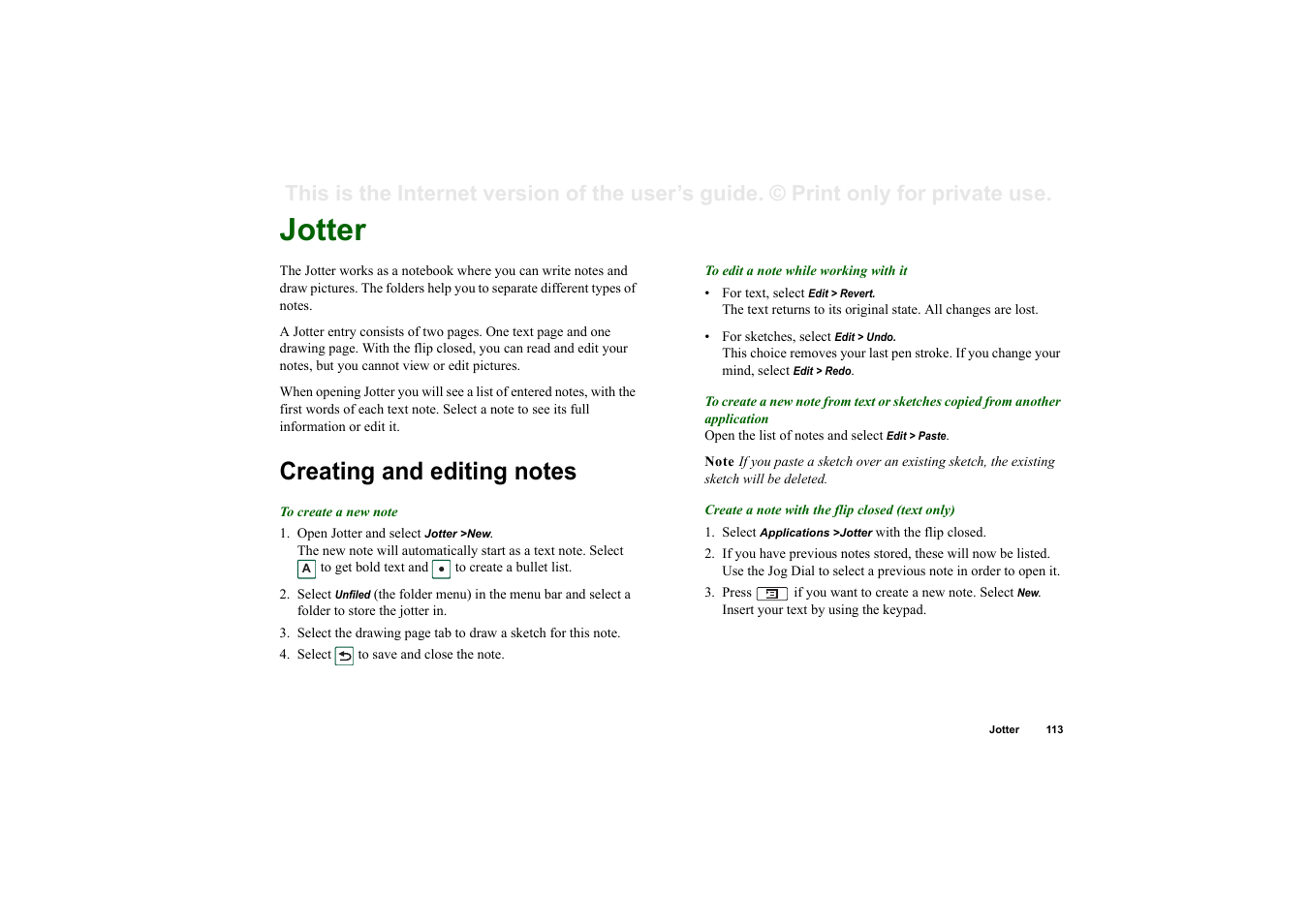 Jotter, Creating and editing notes | Sony P910a User Manual | Page 113 / 205