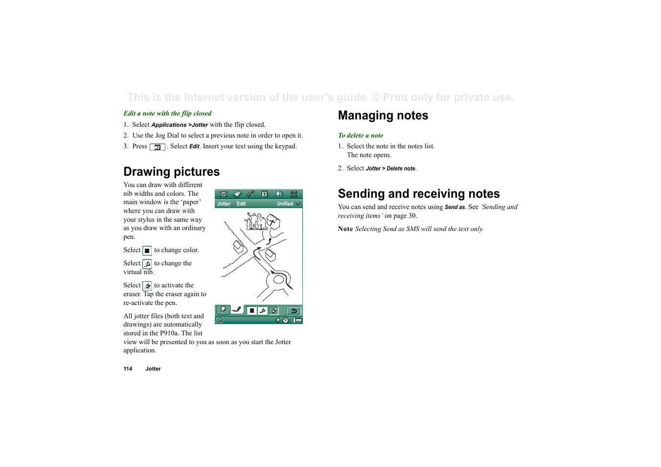 Drawing pictures, Managing notes, Sending and receiving notes | Sony P910a User Manual | Page 114 / 205