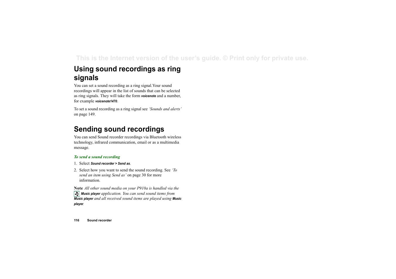 Using sound recordings as ring signals, Sending sound recordings | Sony P910a User Manual | Page 116 / 205