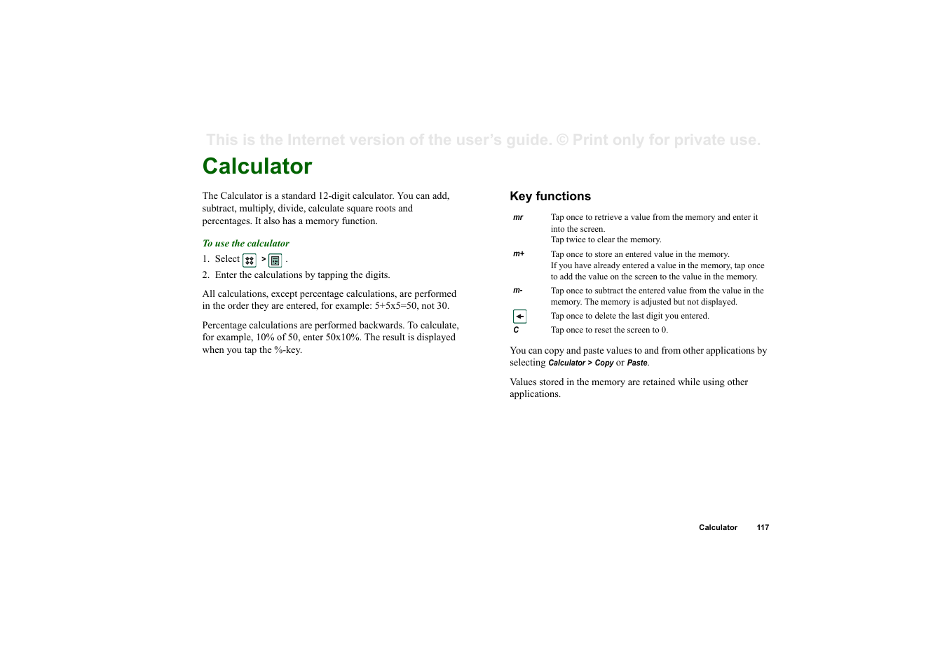 Calculator, Key functions | Sony P910a User Manual | Page 117 / 205