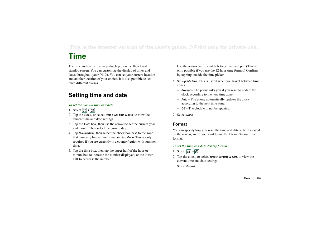 Time, Setting time and date, Format | Sony P910a User Manual | Page 118 / 205