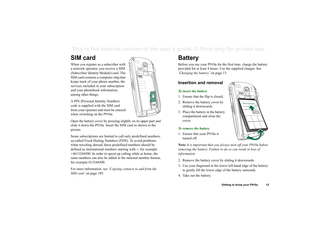 Sim card, Battery, Insertion and removal | Sim card battery | Sony P910a User Manual | Page 12 / 205